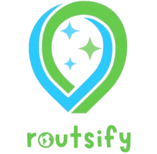 Logotipo de Routsify con un ícono en forma de marcador de ubicación en colores verde y azul con estrellas en el centro, y el nombre 'Routsify' en letras minúsculas verdes debajo
