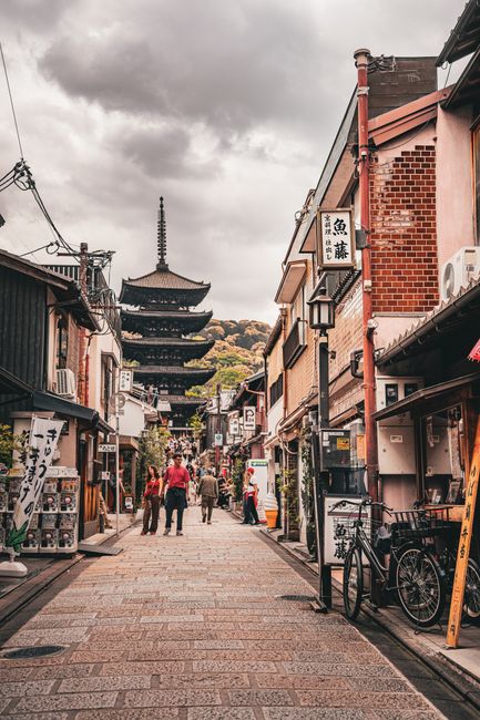Calle tradicional con templo en Japón, imagen representativa del destino