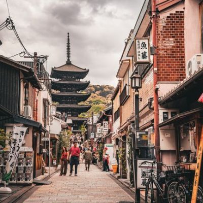 Calle tradicional con templo en Japón, imagen representativa del destino